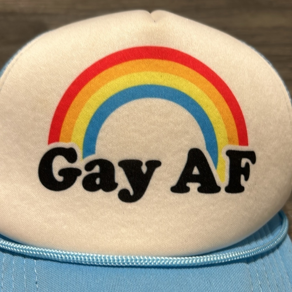 Gay AF Pride Blue Rainbow Trucker Hat Foam Snapback Adjustable By Headline Y2K - Picture 5 of 6